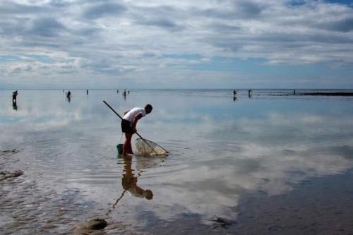 a man is standing in the water with a net at "O'Dbark" - duplex 2 étoiles - à 100m de la plage avec jardin in Courseulles-sur-Mer