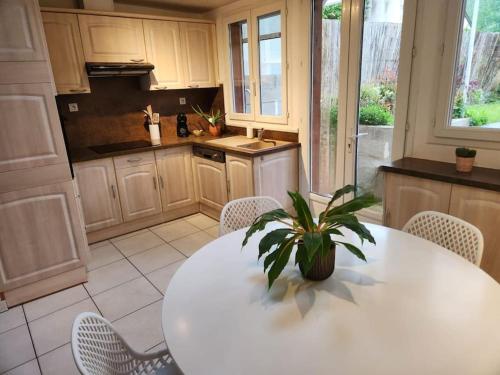 une cuisine avec une table blanche, des chaises et une plante dans l'établissement Marmoza - Maison plein cœur de village, à Saint-Geniez-dʼOlt