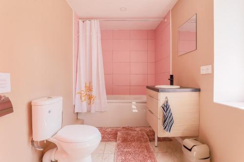 a pink bathroom with a toilet and a sink at La ferme des Pommés in Pommera