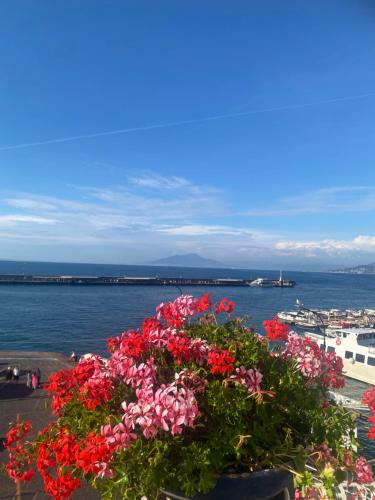 un ramo de flores en un balcón con vistas al agua en La Baia di Napoli, en Capri