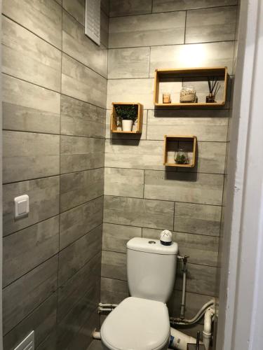 une salle de bain avec des toilettes blanches dans une chambre dans l'établissement F2 dans les hauteurs de Royat, à Royat