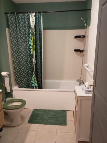 une salle de bain avec une baignoire, des toilettes et une douche dans l'établissement Les villas de Melody, à Santa-Maria-Poggio