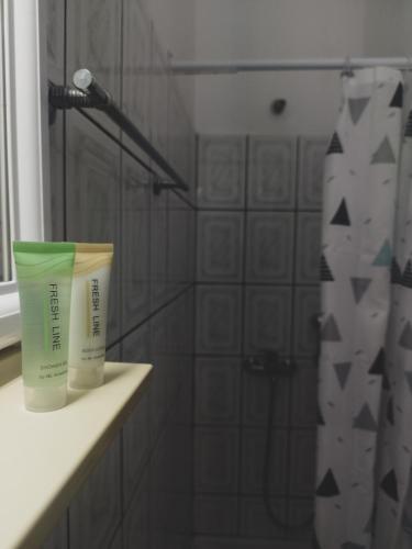 a bathroom with a shower and a tube of tooth paste at Hotel Maria in Skala Potamias