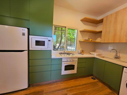 a kitchen with green cabinets and white appliances at Beit Mema in Aḑ Ḑahr