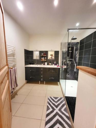 une salle de bain avec douche et lavabo dans l'établissement Chambre privée, piscine, pool house, cuisine d'été, à La Ciotat