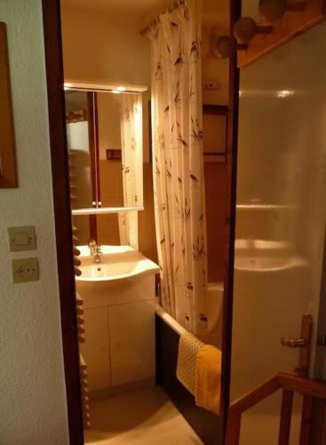 a small bathroom with a sink and a mirror at Appartement face à la montagne in Abondance