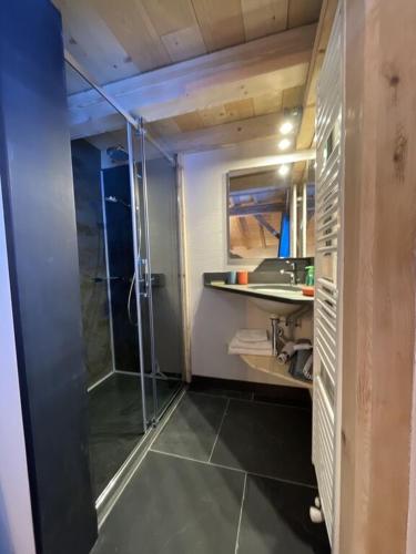 une salle de bain avec douche et lavabo dans l'établissement Appartement Marcelle à Morzine 4Etoiles, à Morzine