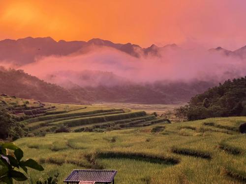 a view of a field with a farmhouse in the foreground with a sunset at Puluong Valley Home in Pu Luong
