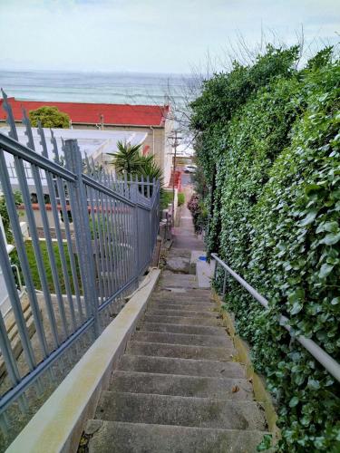 a stairway next to a green hedge with a fence at St James Mansions Apartment in Muizenberg