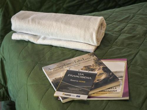 a book and a towel on top of a bed at S'Osteria 38 in Acquapendente