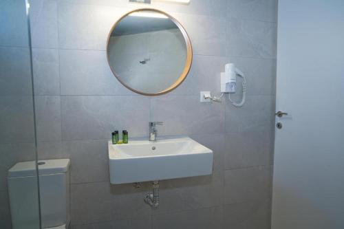 a bathroom with a sink and a mirror and a toilet at Ktima Faki, Olympus Mountain Accommodation & Retreat in Litochoro