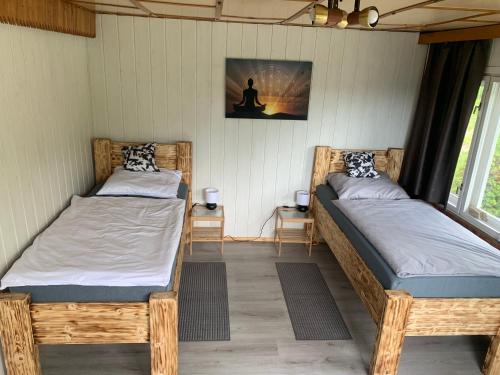 dwa łóżka w pokoju z dwoma oknami w obiekcie Lesanka w mieście Všelibice