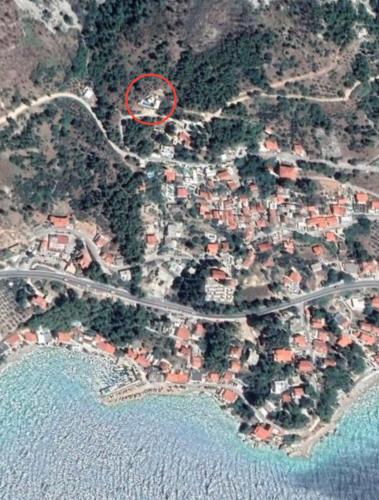 an aerial view of a city with a red circle at Villa FORTE-Exclusive location with fantastic seaview & infinity pool - up to 8 Pax in Mimice