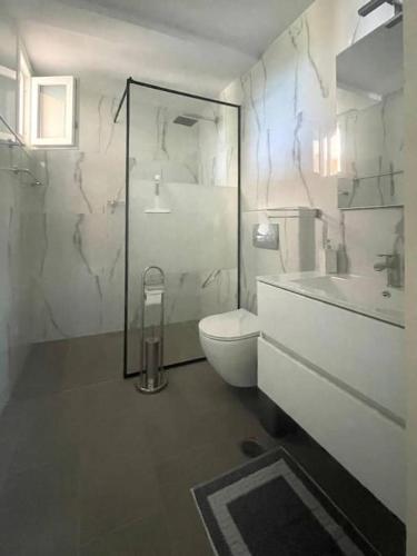 a bathroom with a toilet and a sink and a shower at Lambou Beach Sunset in Soroni