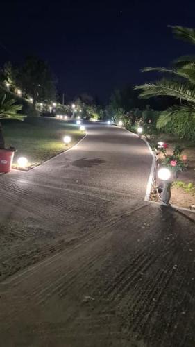 an empty street at night with lights on the road at Altera Vita in Agía Zóni