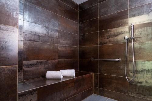 y baño con ducha de azulejos marrones. en Nemea Appart Hotel Grand Cœur Nancy Centre en Nancy