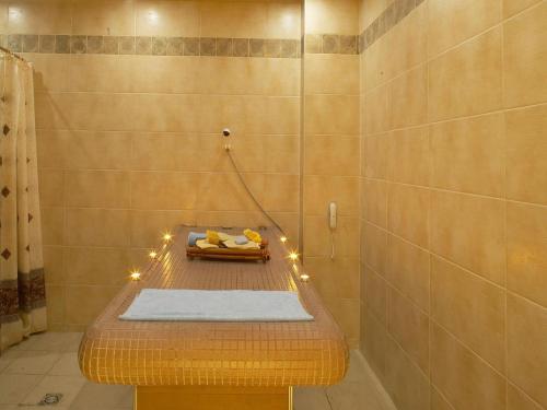 a shower stall with a table with lights on it at Gardenia Park Hotel in Bansko