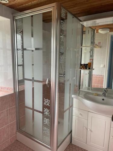 une salle de bain avec douche et lavabo dans l'établissement La Quinta, à Blainville-sur-Mer