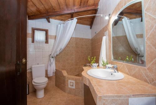 een badkamer met een wastafel, een toilet en een spiegel bij Gioia Traditional House in Ágios Nikólaos