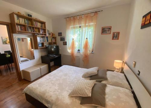 una camera con un grande letto e una finestra di Apartments Bruni a Rovigno (Rovinj)