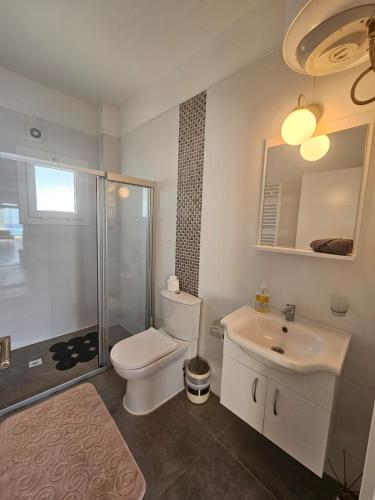 a bathroom with a toilet and a sink and a shower at Spacious Beachfront Two-Bedroom Apartment in Caesar Beach in Boghaz