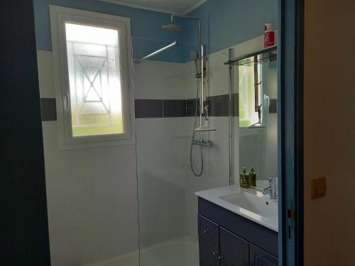 La salle de bains est pourvue d'une douche, d'un lavabo et d'une fenêtre. dans l'établissement la serenité, à Saint-Vivien-de-Monségur