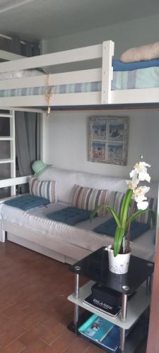 une chambre avec des lits superposés avec un canapé et une table dans l'établissement Appartement sur marina Saint CYPRIEN plage - finalisez vos reservations sur PC pas telephone, à Saint Cyprien Plage
