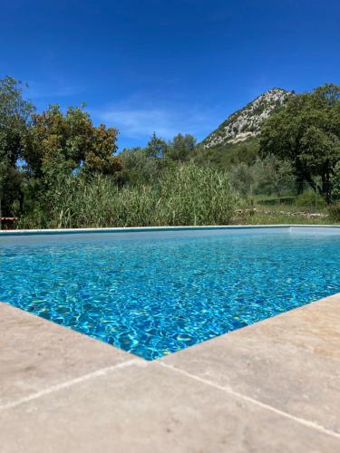 un bassin d'eau bleue avec une montagne en arrière-plan dans l'établissement Gîte Bergerie des Mougères, à Galargues