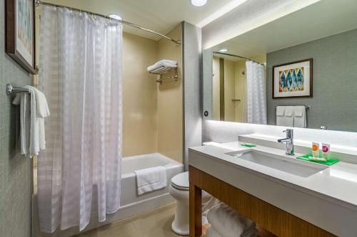 a bathroom with a sink and a toilet and a tub at Hyatt Place Blacksburg/University in Blacksburg