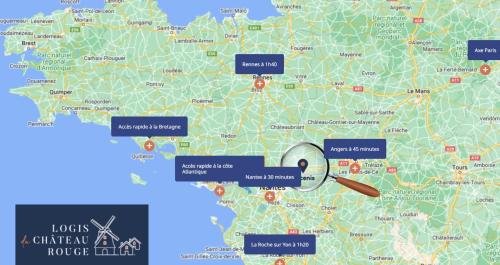 a map of the sights of paris with a magnifier at Maison de 2 chambres proche A11 Ancenis, Logis du Château Rouge in Mésanger