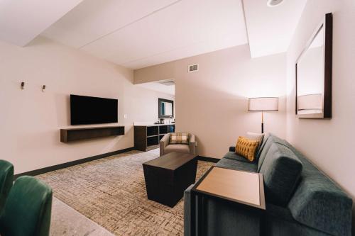 a living room with a couch and a flat screen tv at Embassy Suites By Hilton Gatlinburg Resort in Gatlinburg