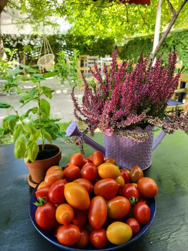 a plate of tomatoes on a table with flowers at Grand Boutique Hotel in Pristina