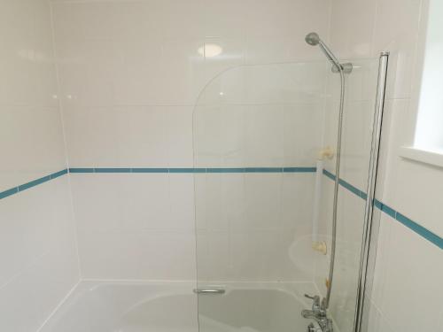 a shower with a glass door in a bathroom at Harcombe House Bungalow 1 in Newton Abbot