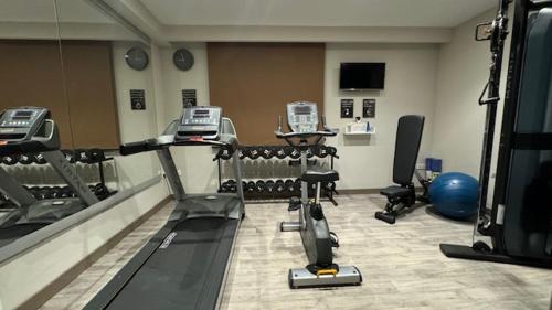 um quarto com um ginásio com máquinas e um espelho em Golf Royal Hotel em Tunes