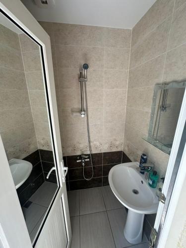 a bathroom with a sink and a shower at My House in Batumi