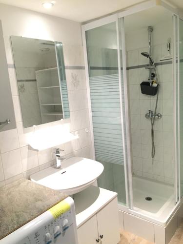 a bathroom with a sink and a shower at L'Entre Vagues in Saint-Jean-de-Monts