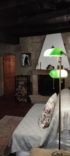 a bedroom with a bed with a green lamp on it at LA CHASCONA DI FARNESE casa di tufo nel borgo in Farnese
