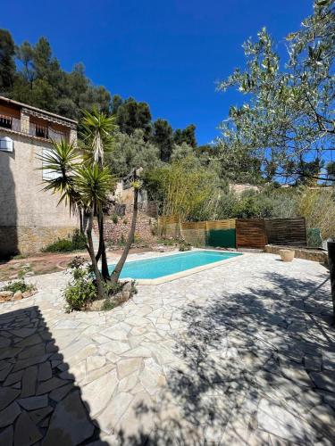 - une piscine avec un palmier dans la cour dans l'établissement Maison Provençale, à Solliès-Pont