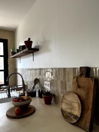 une cuisine avec un comptoir avec un évier et quelques casseroles dans l'établissement Maison Bacchus, gîte insolite dans cuve à vin, à Caves