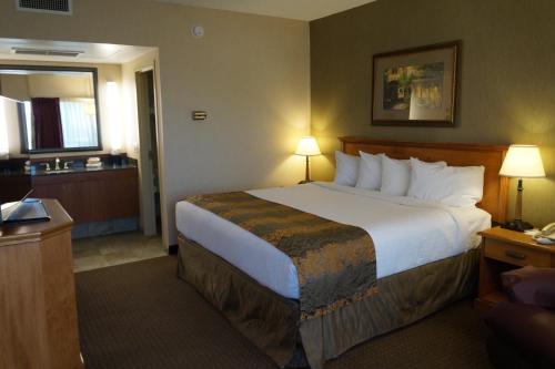 1 dormitorio con 1 cama grande en una habitación de hotel en The Biltmore Hotel & Suites Main Avenue, en Fargo