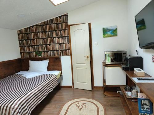 a bedroom with a bed and a book shelf at Cluj Center 2 in Cluj-Napoca