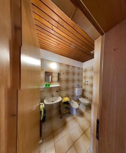 a bathroom with two sinks and two toilets in it at Apartments VUK in Jagodje