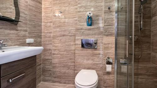 a bathroom with a shower and a toilet and a sink at Wczasowa, Sun & Snow in Ustka