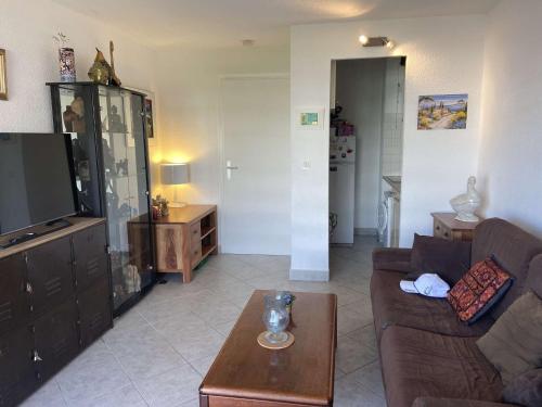 un salon avec un canapé et une télévision dans l'établissement Appartement 2 pièces avec terrasse près de la plage - FR-1-226A-344, à Fréjus