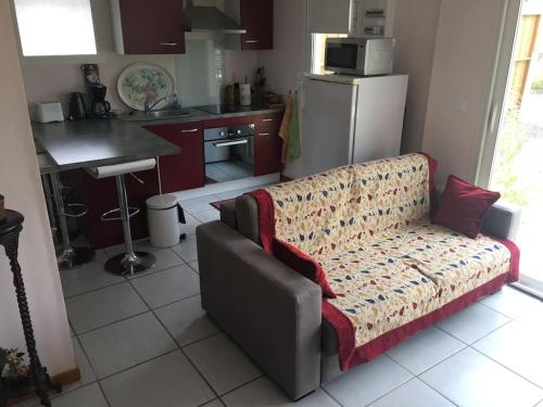 un salon avec un canapé dans une cuisine dans l'établissement Chalet avec SPA à Biscarrosse, à Biscarrosse