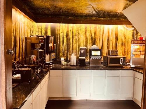 a kitchen with many appliances on a counter at Travelodge by Wyndham Valleyfair Shakopee in Shakopee