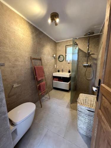 une salle de bain avec toilettes, douche et lavabo dans l'établissement Maison à la pointe du Cap Corse, à Ersa