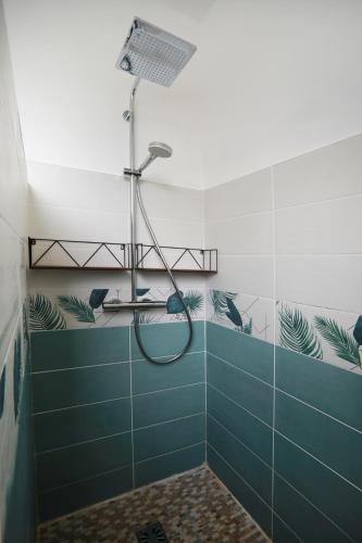 La salle de bains est pourvue d'une douche et de carrelage bleu et blanc. dans l'établissement Ma maison au bord de l'eau, à Villefranche-de-Rouergue