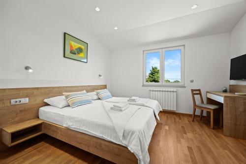 ein Schlafzimmer mit einem Bett, einem Schreibtisch und einem Fernseher in der Unterkunft Villa Monte Uliveto in Pula