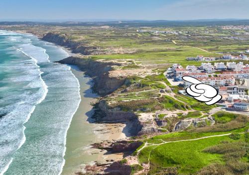 an aerial view of a beach with a cloud at Surfness Lodge in Baleal